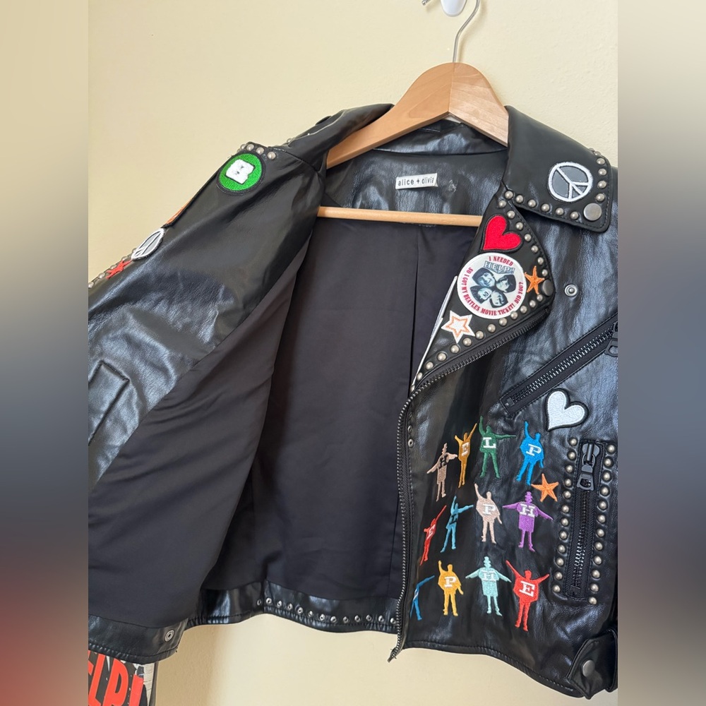 Alice + Olivia x The Beatles Cody Vegan Leather Jacket Black Small - Picture 6 of 9